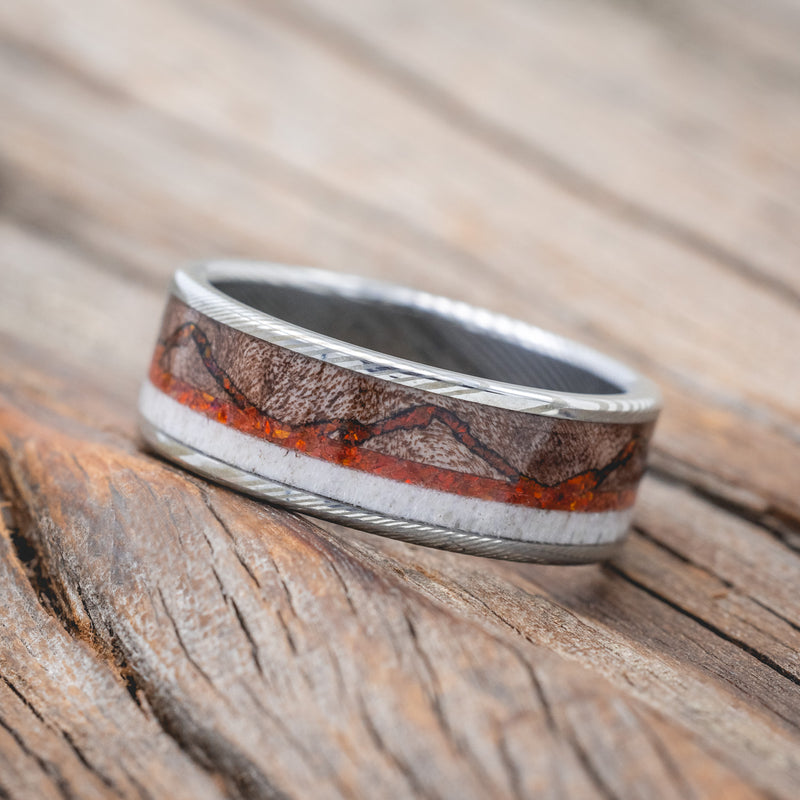 "THE EXPEDITION" - MOUNTAIN ENGRAVED WEDDING RING WITH DARK MAPLE, RED OPAL & ANTLER-Staghead Designs