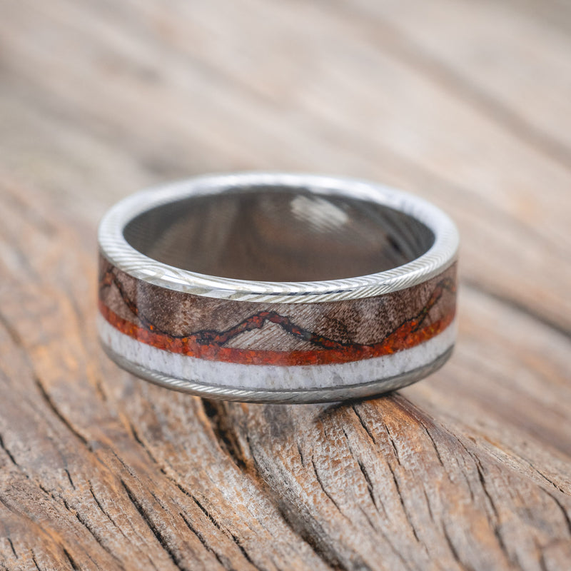 "THE EXPEDITION" - MOUNTAIN ENGRAVED WEDDING RING WITH DARK MAPLE, RED OPAL & ANTLER-Staghead Designs