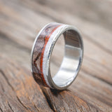 "THE EXPEDITION" - MOUNTAIN ENGRAVED WEDDING RING WITH DARK MAPLE, RED OPAL & ANTLER-Staghead Designs