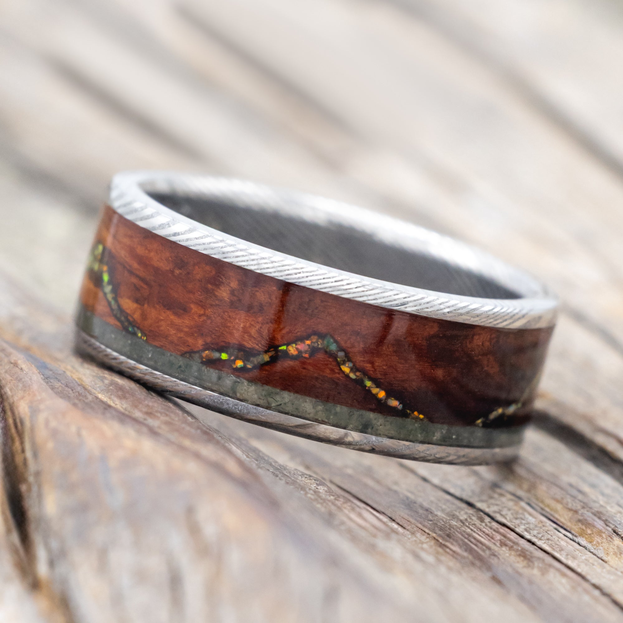 "THE EXPEDITION" - MOUNTAIN ENGRAVED WEDDING RING WITH FIRE & ICE OPAL, ROSEWOOD & MOSS AGATE-Staghead Designs