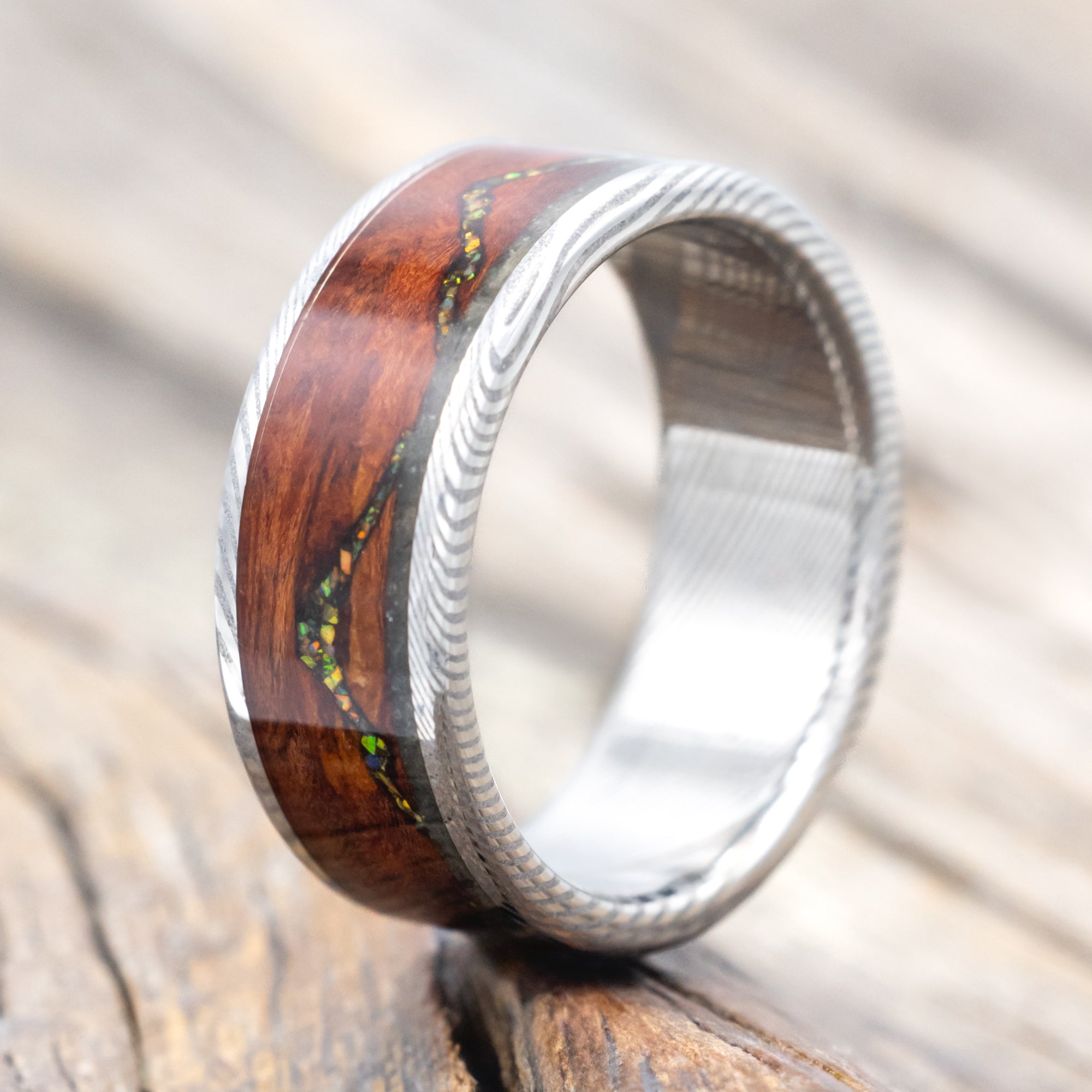 "THE EXPEDITION" - MOUNTAIN ENGRAVED WEDDING RING WITH FIRE & ICE OPAL, ROSEWOOD & MOSS AGATE-Staghead Designs