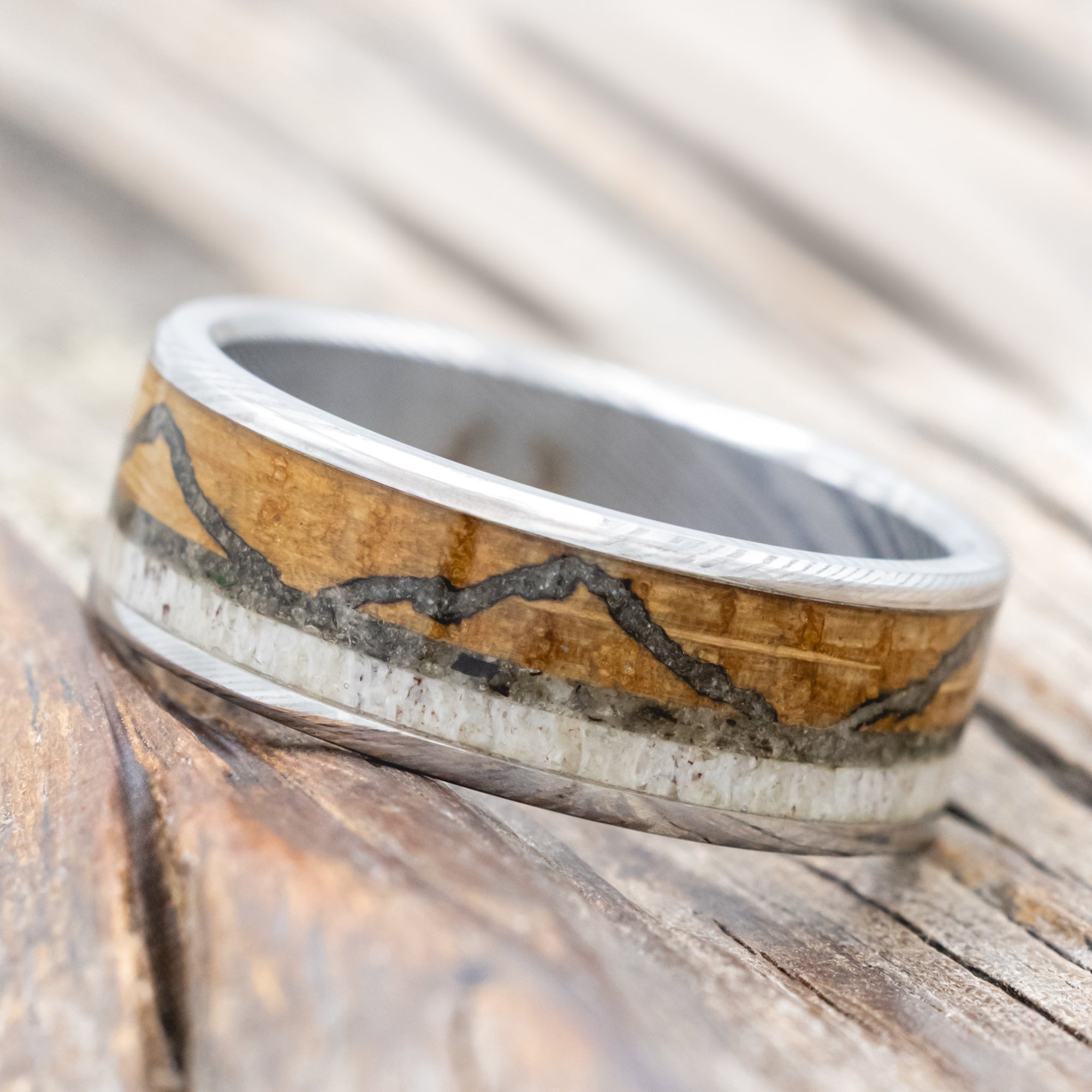 "THE EXPEDITION" - MOUNTAIN ENGRAVED WEDDING RING WITH WHISKEY BARREL OAK, MOONSTONE & ANTLER-Staghead Designs