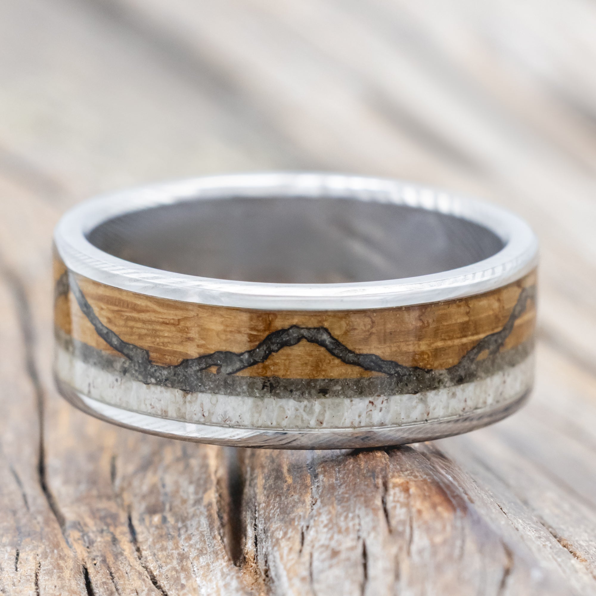 "THE EXPEDITION" - MOUNTAIN ENGRAVED WEDDING RING WITH WHISKEY BARREL OAK, MOONSTONE & ANTLER-Staghead Designs