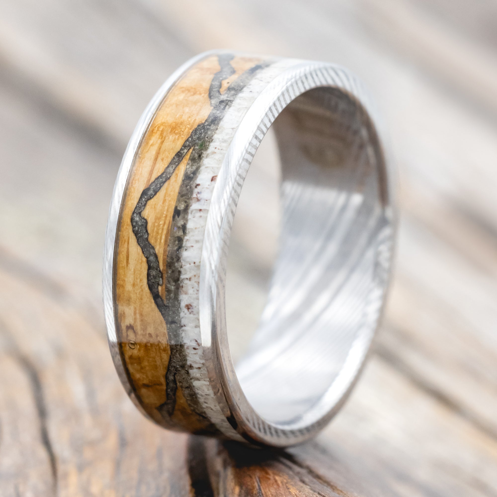 "THE EXPEDITION" - MOUNTAIN ENGRAVED WEDDING RING WITH WHISKEY BARREL OAK, MOONSTONE & ANTLER-Staghead Designs