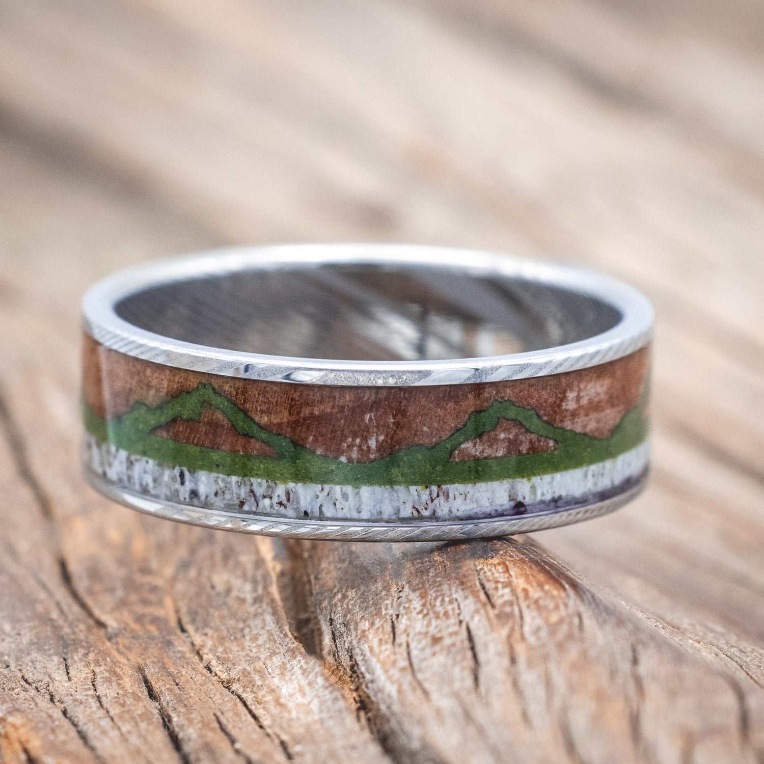 "THE EXPEDITION" - MOUNTAIN ENGRAVED WEDDING RING WITH REDWOOD, MOSS & ANTLER-Staghead Designs