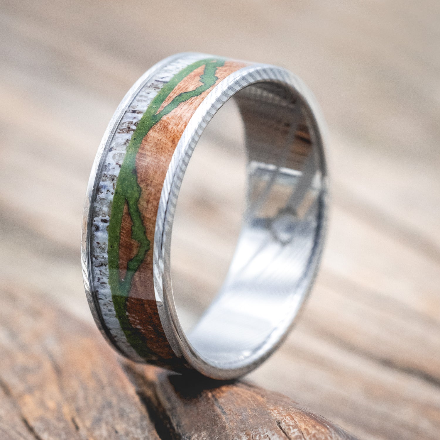 "THE EXPEDITION" - MOUNTAIN ENGRAVED WEDDING RING WITH REDWOOD, MOSS & ANTLER-Staghead Designs