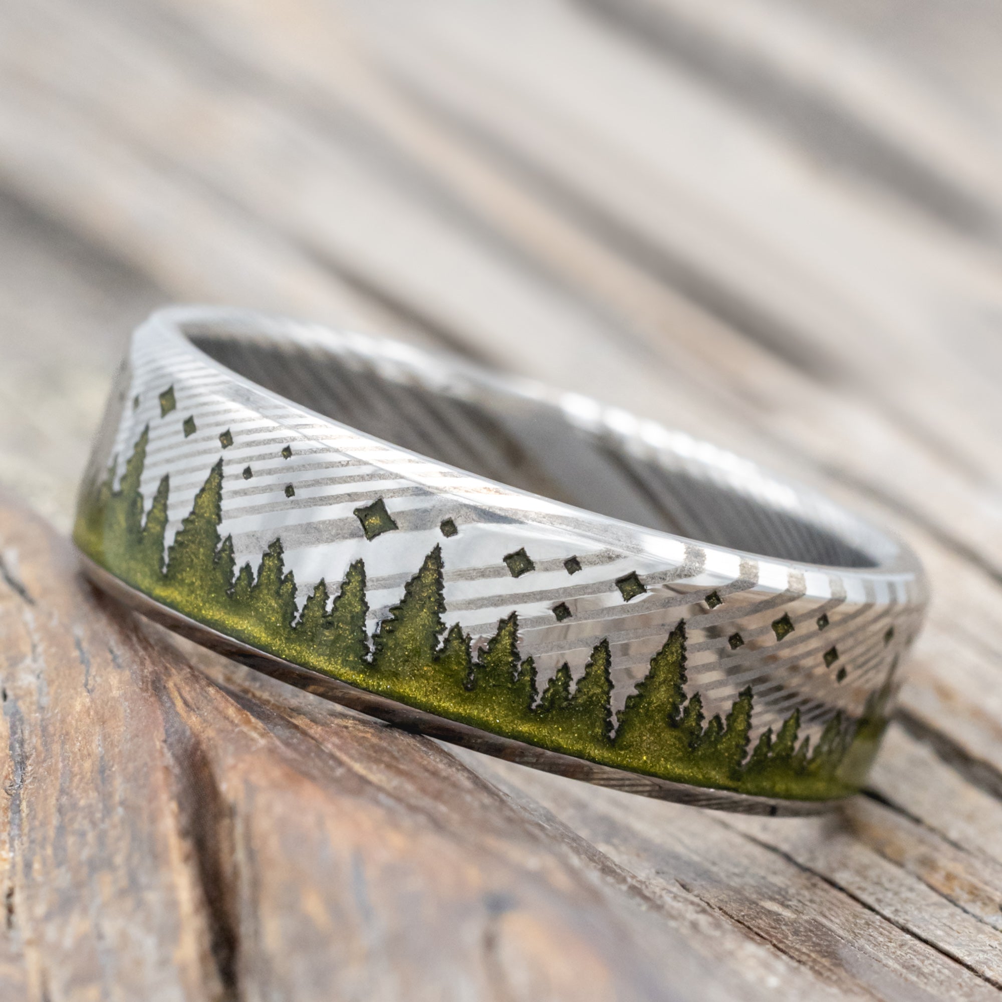 "Timberline" - Tree And Starry Night Engraved Wedding Ring With Mystic Moss