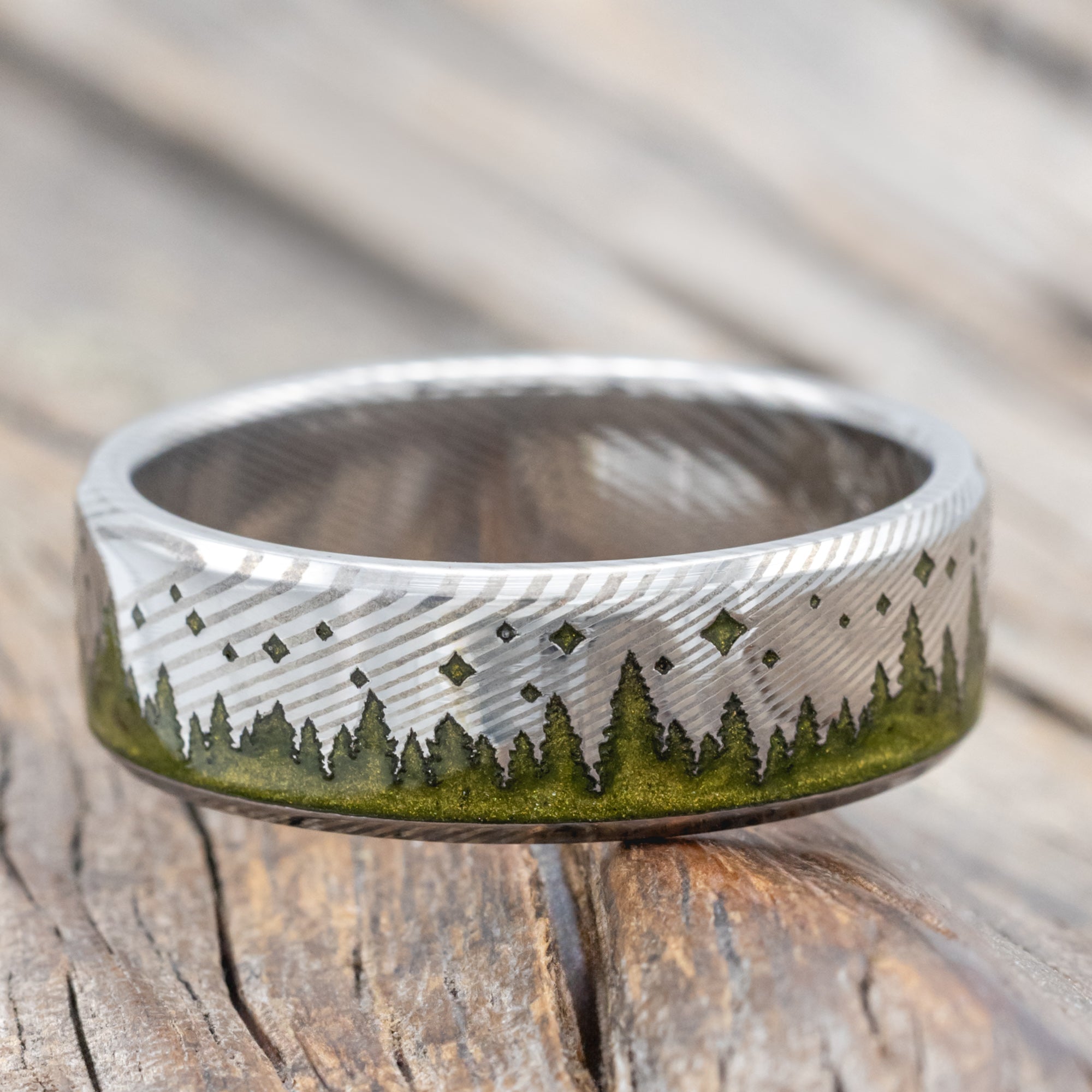 "Timberline" - Tree And Starry Night Engraved Wedding Ring With Mystic Moss