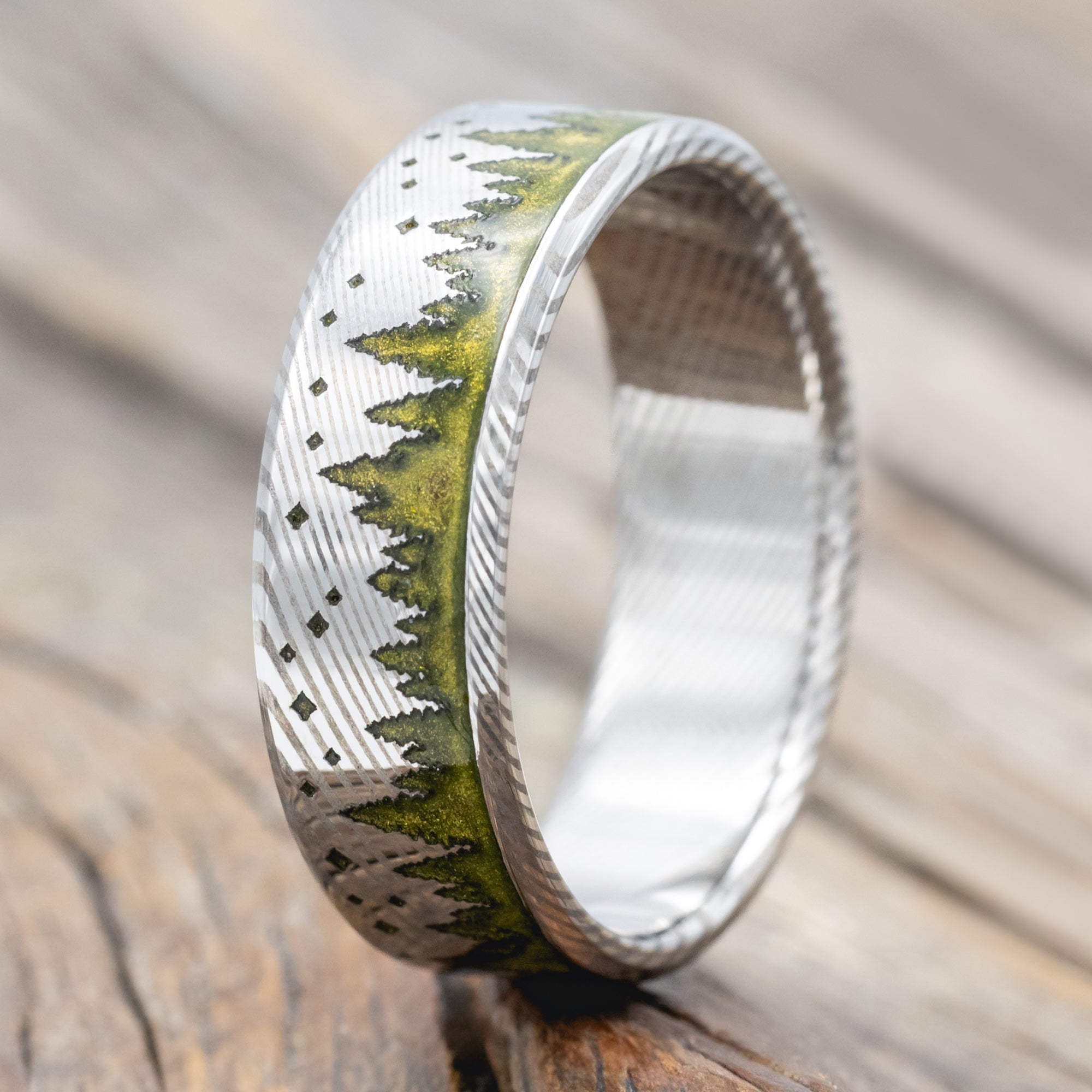 "Timberline" - Tree And Starry Night Engraved Wedding Ring With Mystic Moss