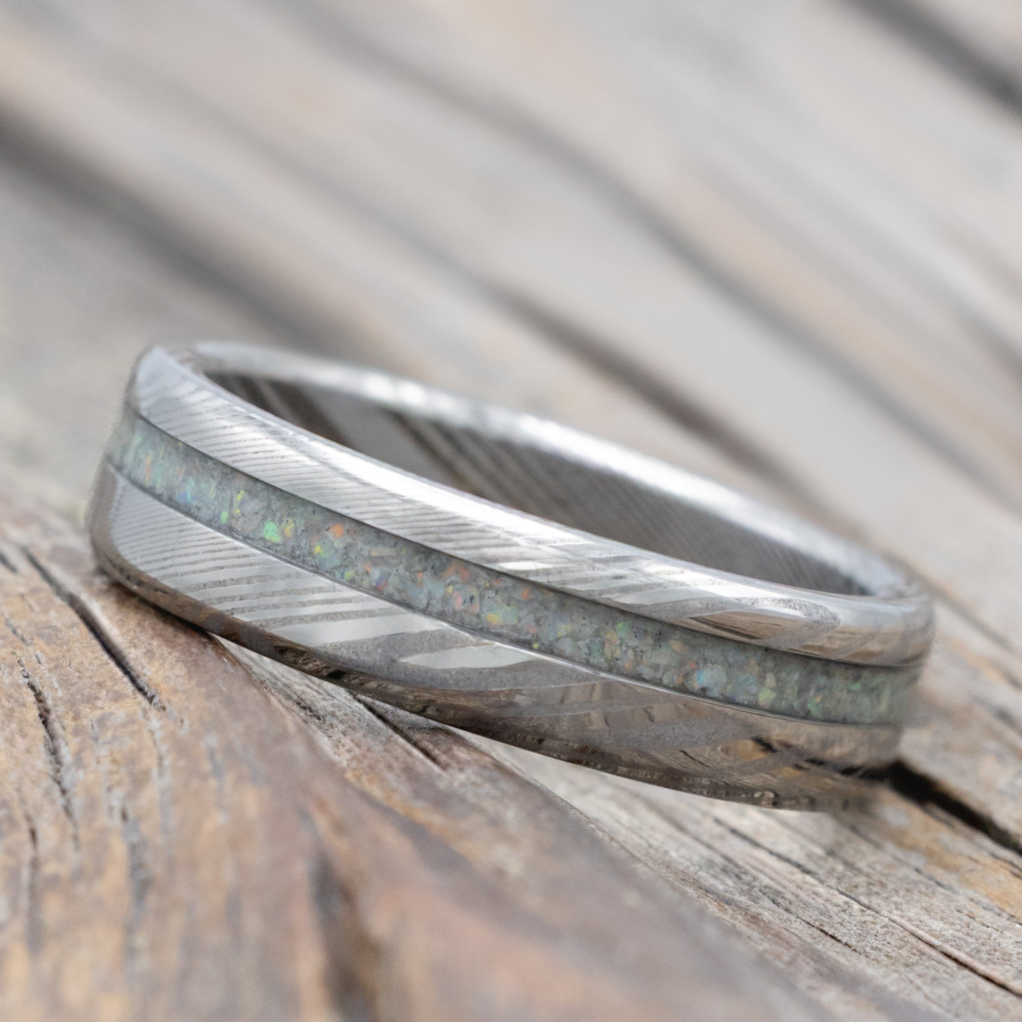"Vertigo" - Fire & Ice Opal Wedding Band With Custom Finish-Staghead Designs