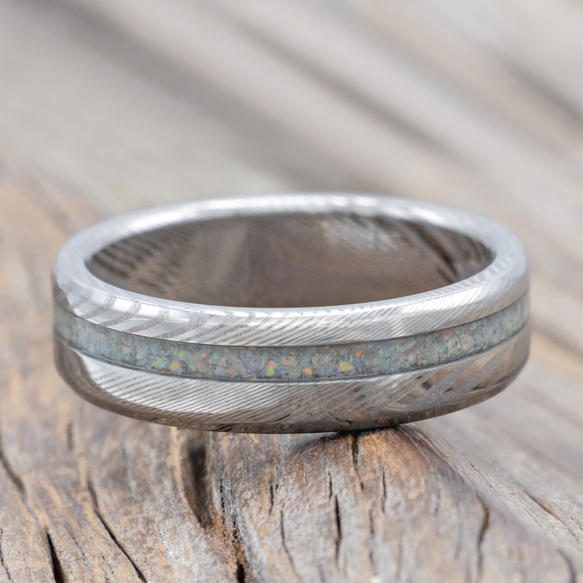 "Vertigo" - Fire & Ice Opal Wedding Band With Custom Finish-Staghead Designs
