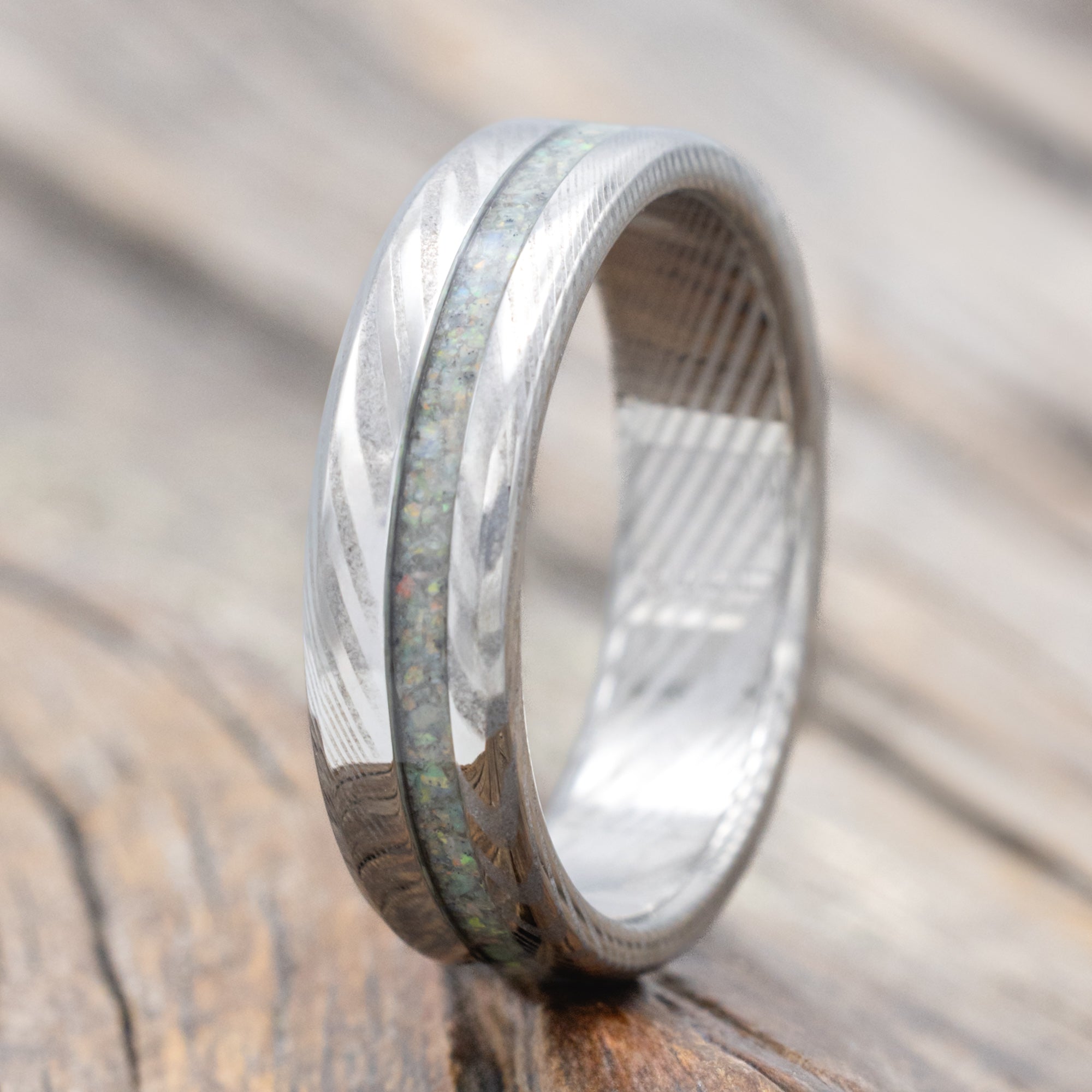 "Vertigo" - Fire & Ice Opal Wedding Band With Custom Finish-Staghead Designs