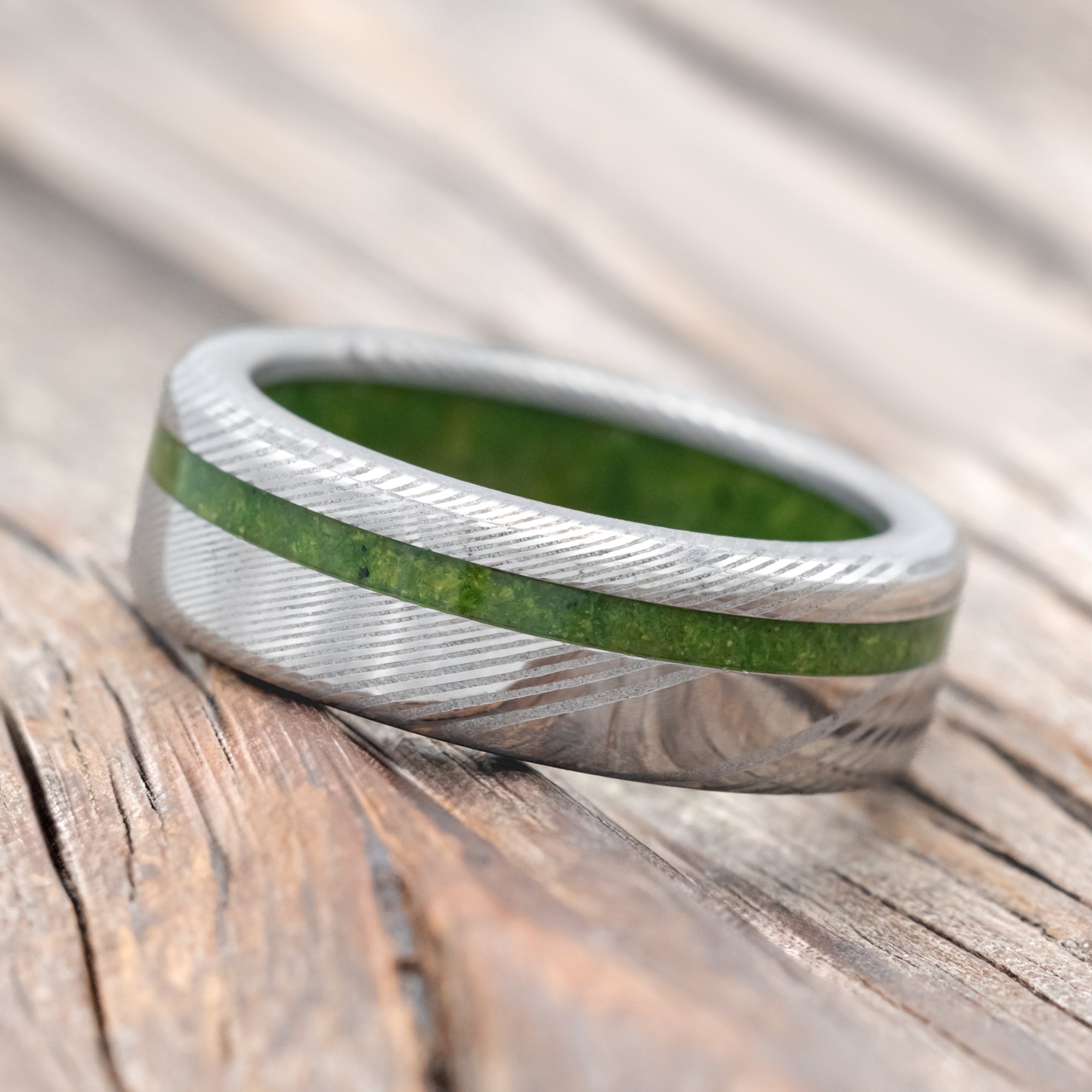 "VERTIGO" - MOSS INLAY & LINING WEDDING RING-Staghead Designs