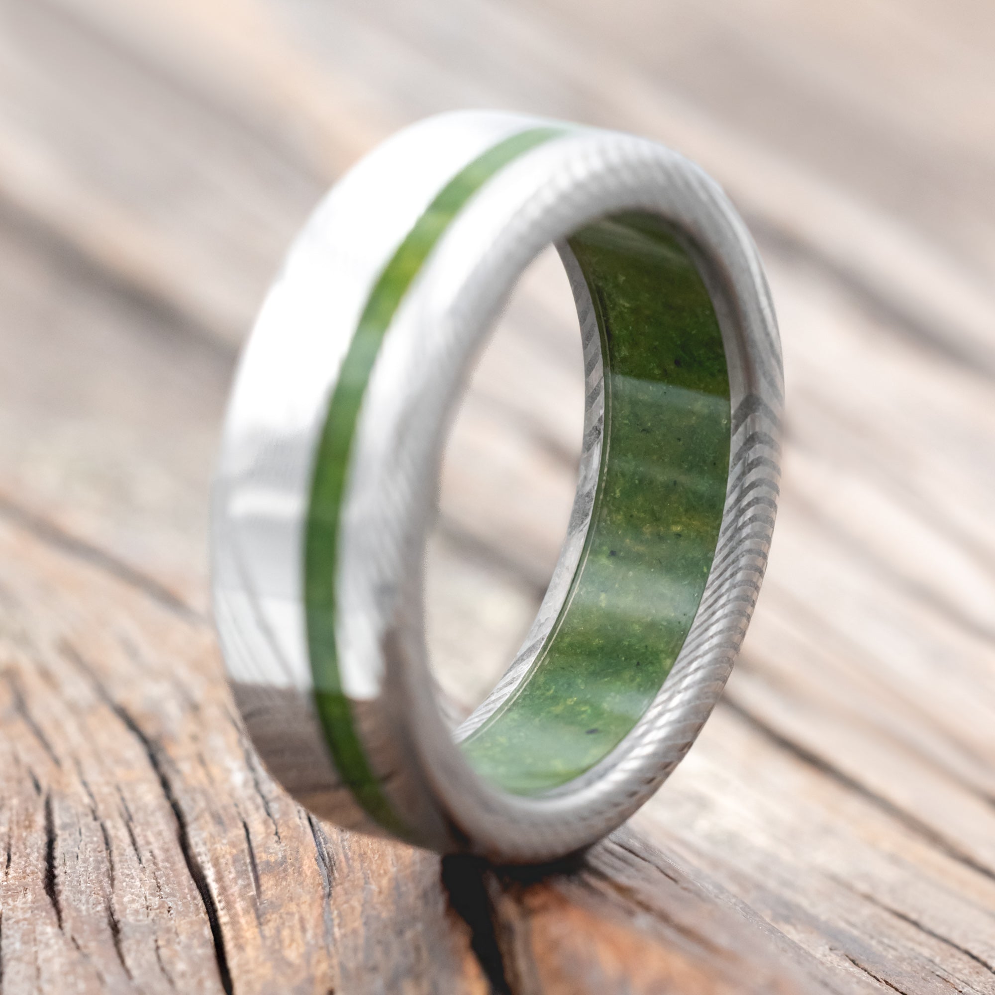 "VERTIGO" - MOSS INLAY & LINING WEDDING RING-Staghead Designs