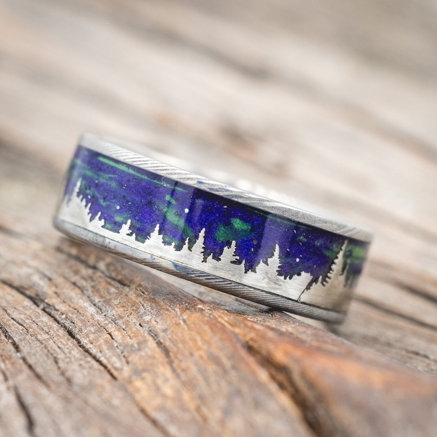 "BOREALIS" - SILVER TREES ENGRAVED WEDDING RING WITH GLOW IN THE DARK NORTHERN LIGHTS-Staghead Designs