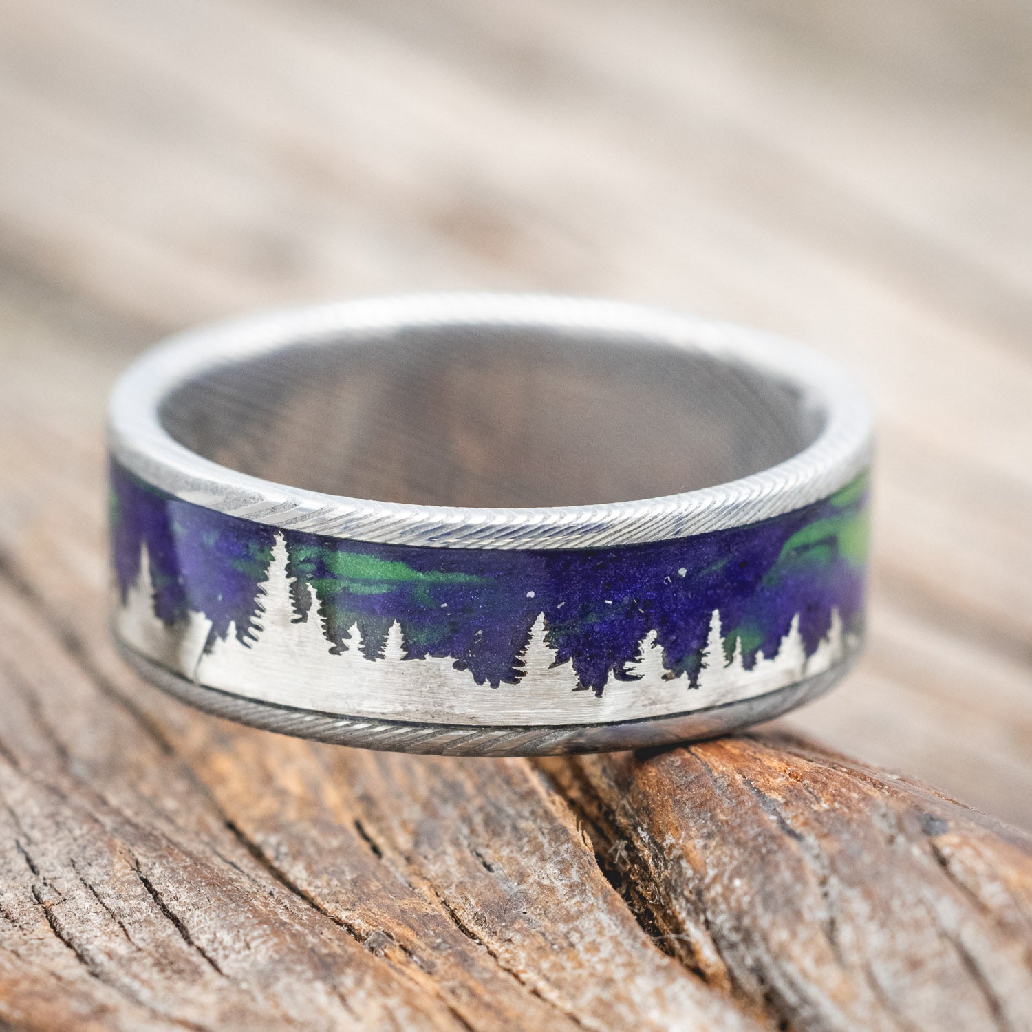 "BOREALIS" - SILVER TREES ENGRAVED WEDDING RING WITH GLOW IN THE DARK NORTHERN LIGHTS-Staghead Designs