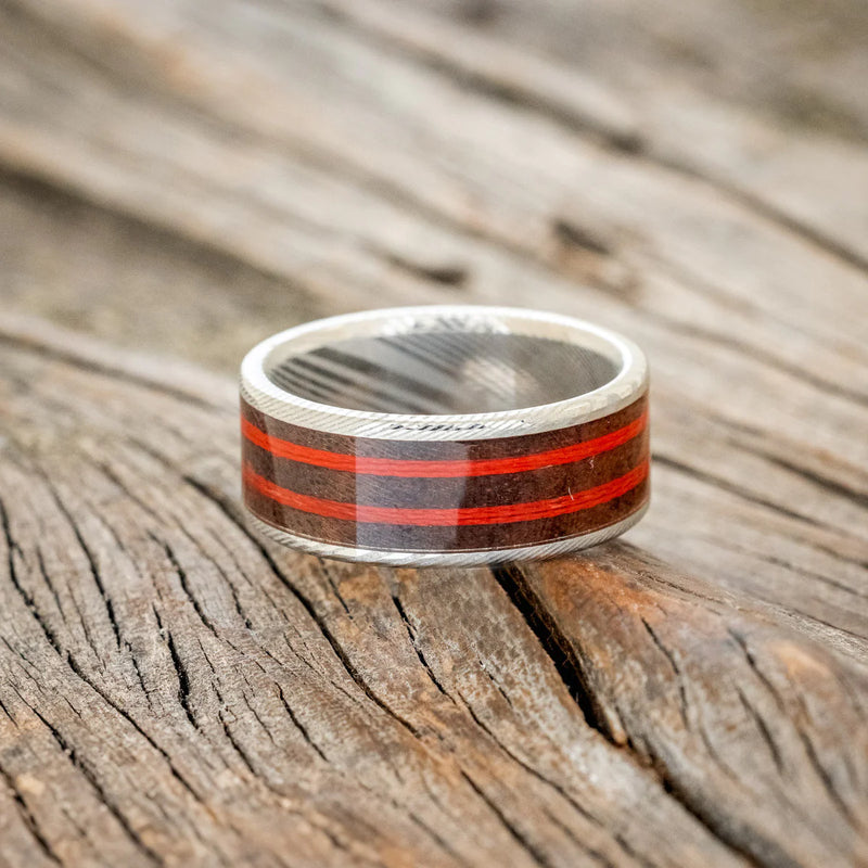 Rainier - Walnut Wood & Red Fishing Line Wedding Band - Damascus Steel - Size 8 1/2