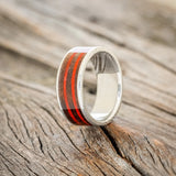 "RAINIER" - WALNUT WOOD & RED FISHING LINE WEDDING BAND - DAMASCUS STEEL - SIZE 8 1/2-1