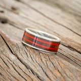 "RAINIER" - WALNUT WOOD & RED FISHING LINE WEDDING BAND - DAMASCUS STEEL - SIZE 8 1/2-2