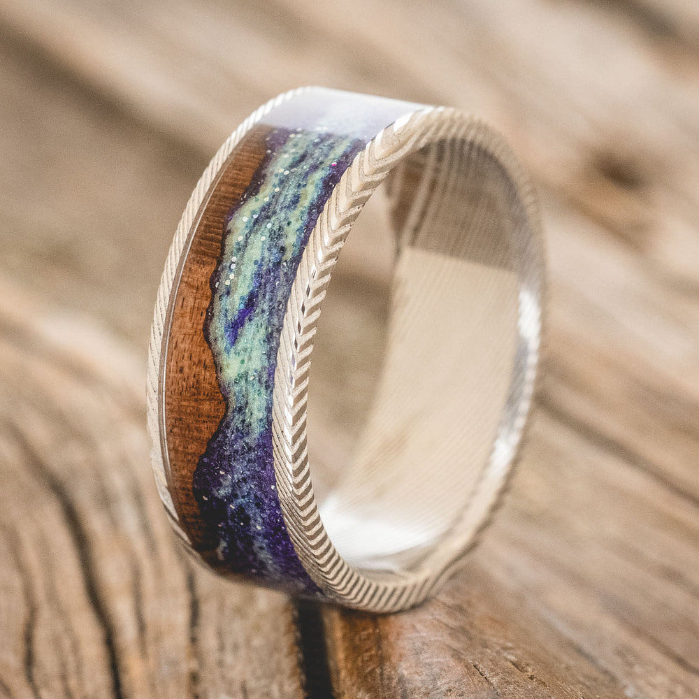 "BOREALIS" - MOUNTAIN ENGRAVED WEDDING RING WITH GLOW IN THE DARK NORTHERN LIGHTS-Staghead Designs