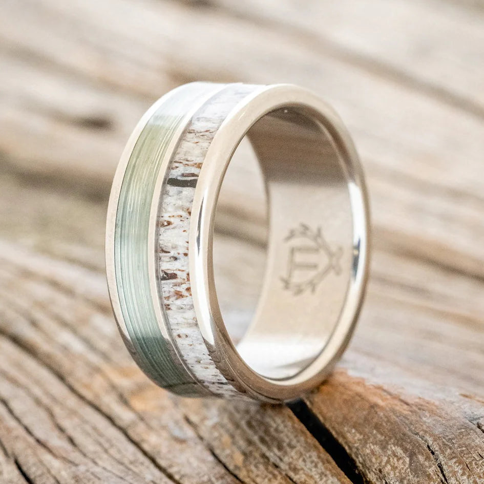 "DYAD" - ANTLER & FISHING LINE WEDDING BAND - TITANIUM - SIZE 8-1