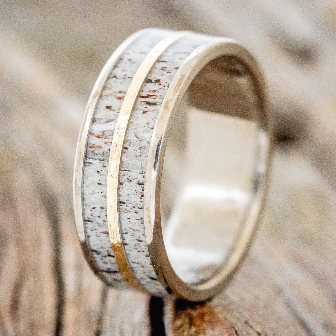 "DYAD" - ANTLER & HAMMERED 14K GOLD INLAY WEDDING BAND-1