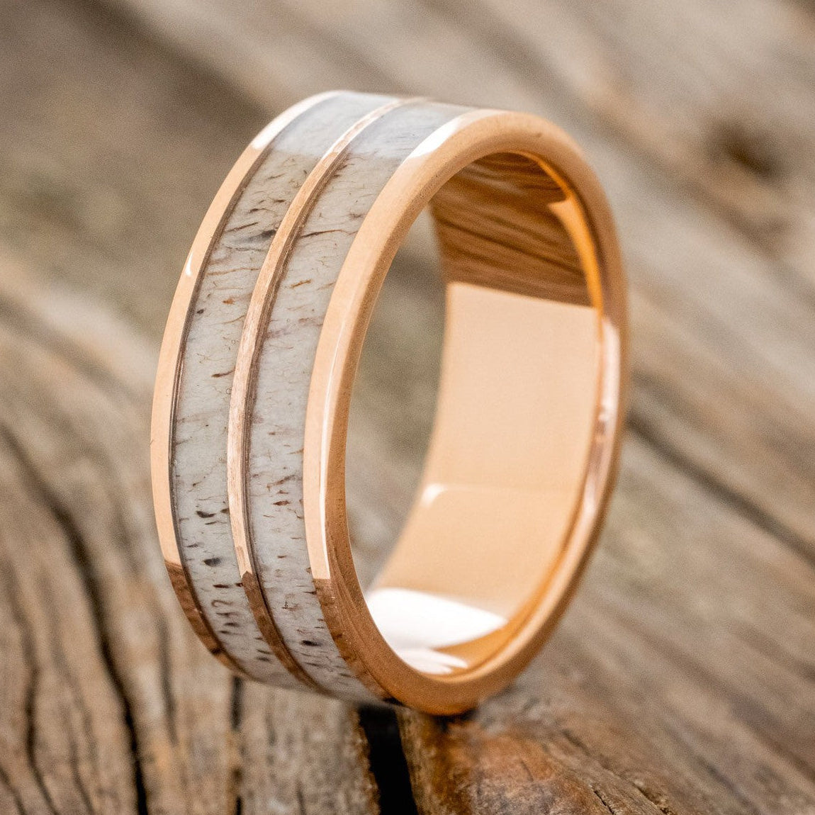 "Dyad" - Antler & Hammered 14K Gold Inlay Wedding Band-Staghead Designs