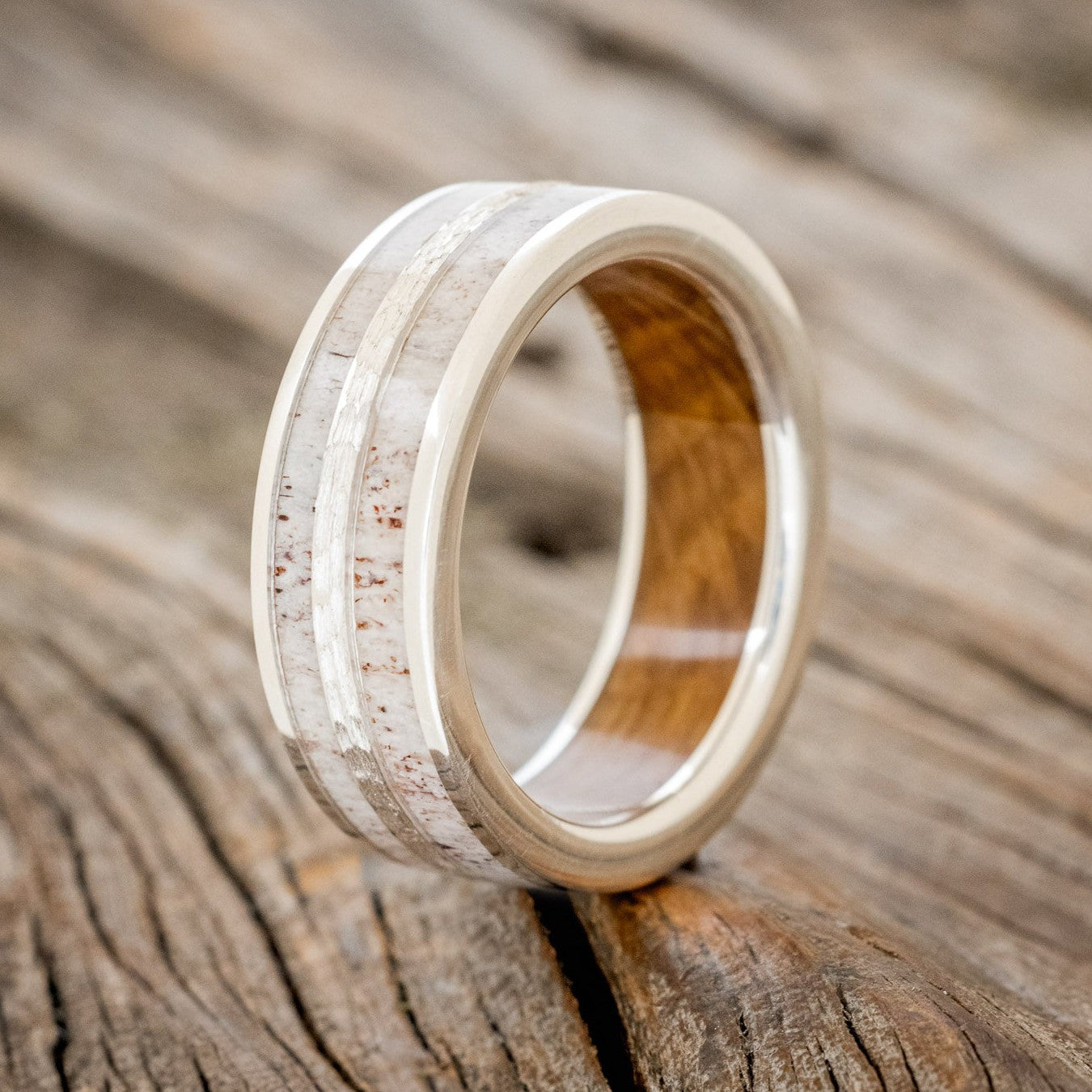 "DYAD" - ANTLER & HAMMERED SILVER INLAY WITH A WHISKEY BARREL LINING WEDDING BAND-1