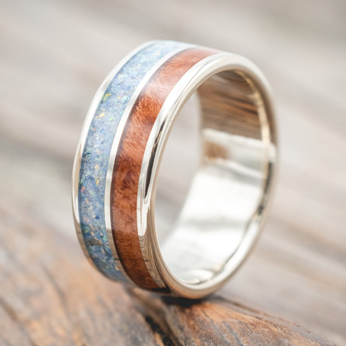 "DYAD" - COTTON CANDY OPAL & REDWOOD WEDDING BAND-Staghead Designs