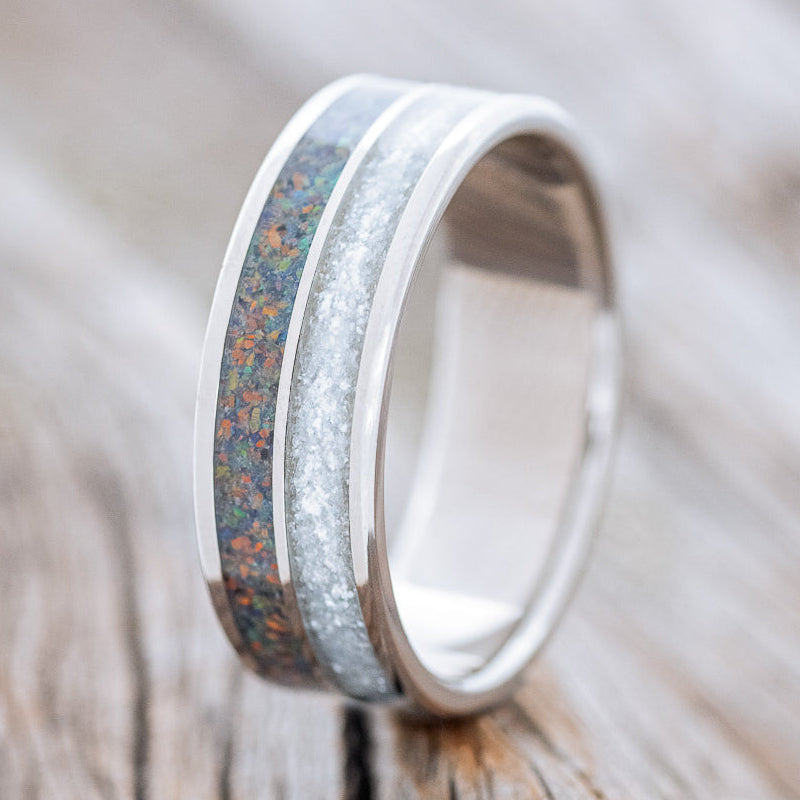 "DYAD" - DIAMOND DUST & BLACK FIRE OPAL WEDDING BAND - READY TO SHIP-1
