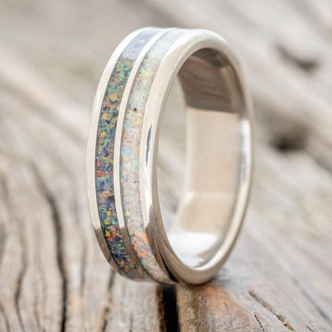 "DYAD" - FIRE AND ICE OPAL & BLACK FIRE OPAL WEDDING BAND-1