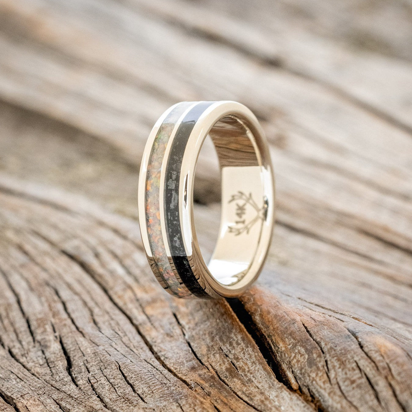 "DYAD" - FIRE AND ICE OPAL & JET STONE WEDDING BAND-1