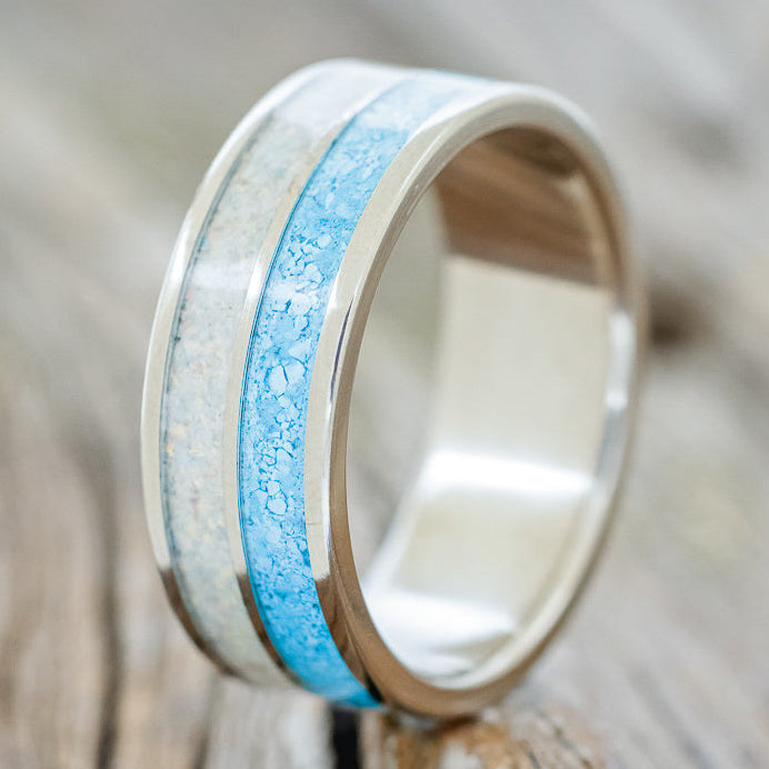 "DYAD" - FIRE AND ICE OPAL & TURQUOISE WEDDING BAND - READY TO SHIP-1
