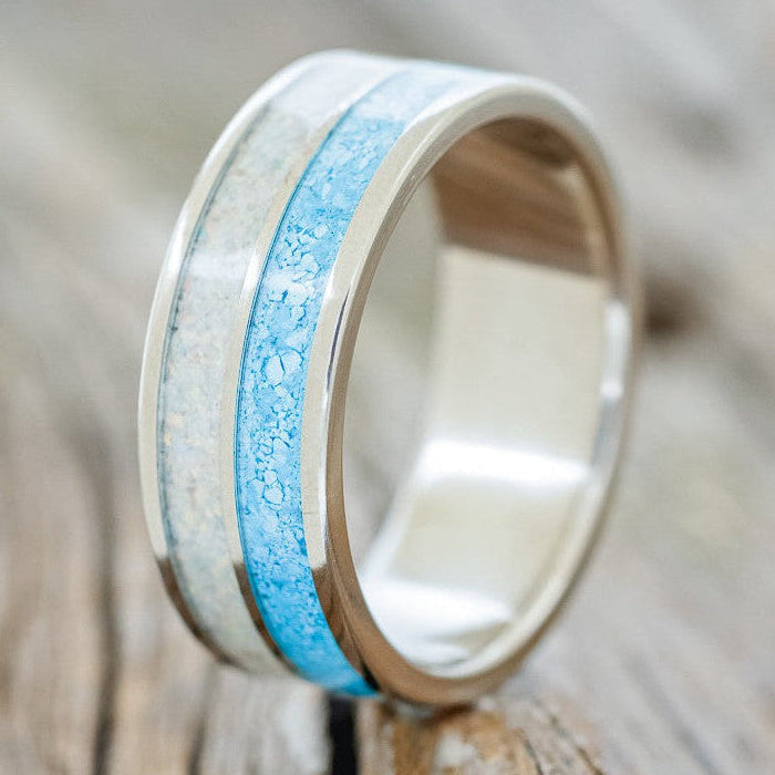 "DYAD" - FIRE AND ICE OPAL & TURQUOISE WEDDING BAND-1