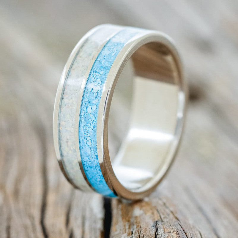 "DYAD" - FIRE AND ICE OPAL & TURQUOISE WEDDING BAND-1