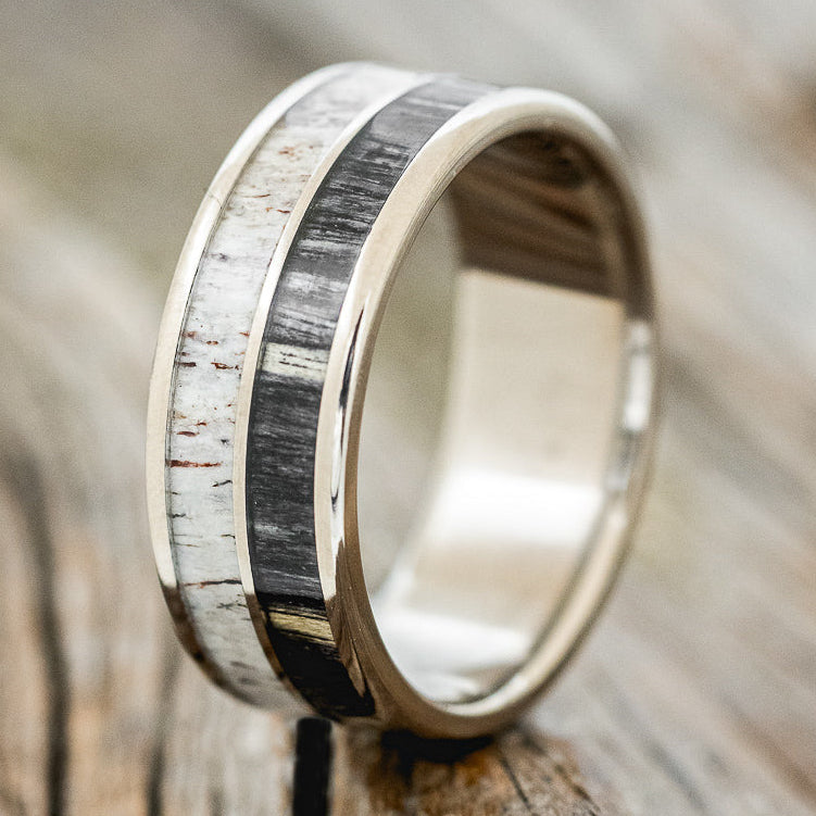 "DYAD" - GREY BIRCH WOOD & ANTLER WEDDING BAND - READY TO SHIP-1