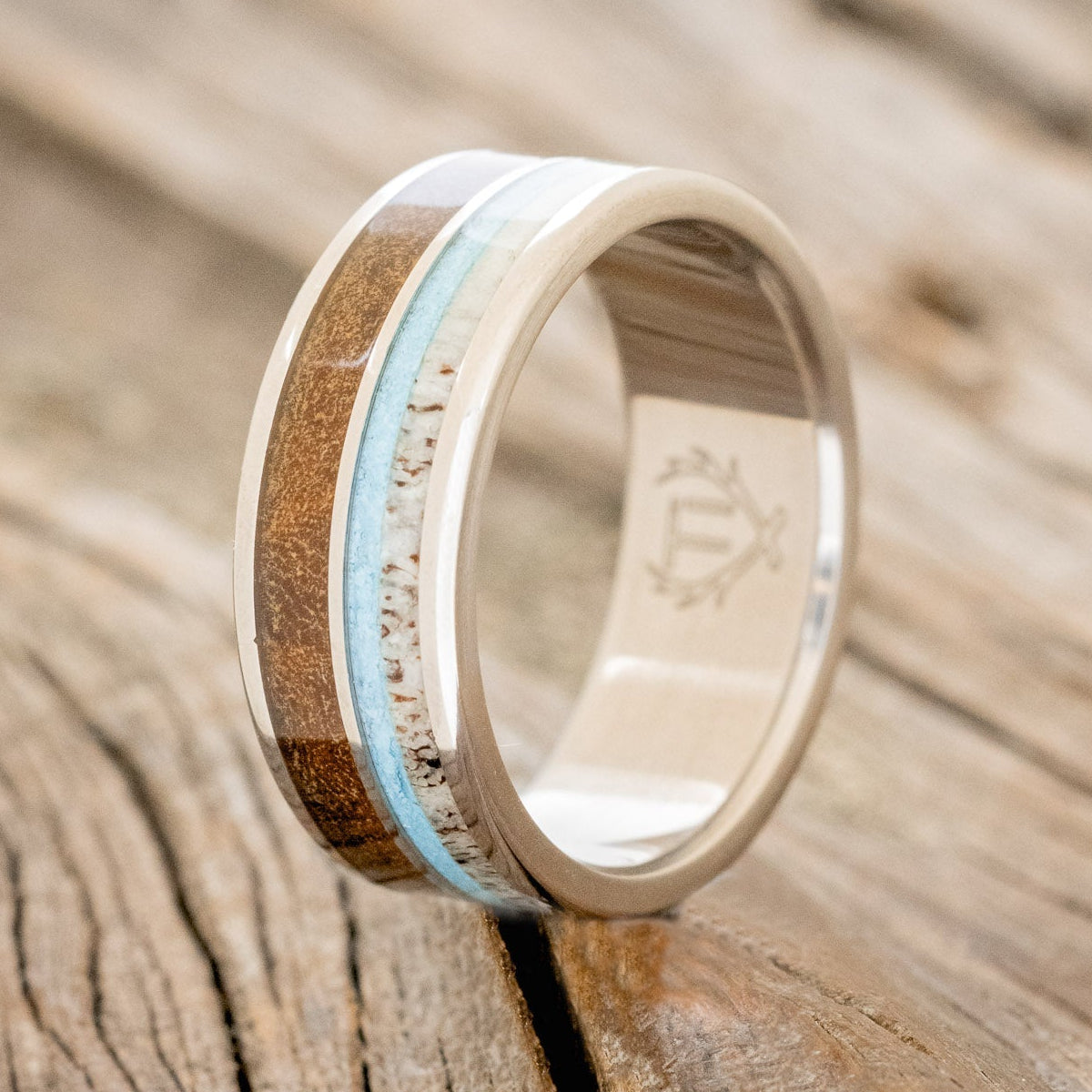 "DYAD" - IRONWOOD, ANTLER & TURQUOISE WEDDING BAND - READY TO SHIP-1