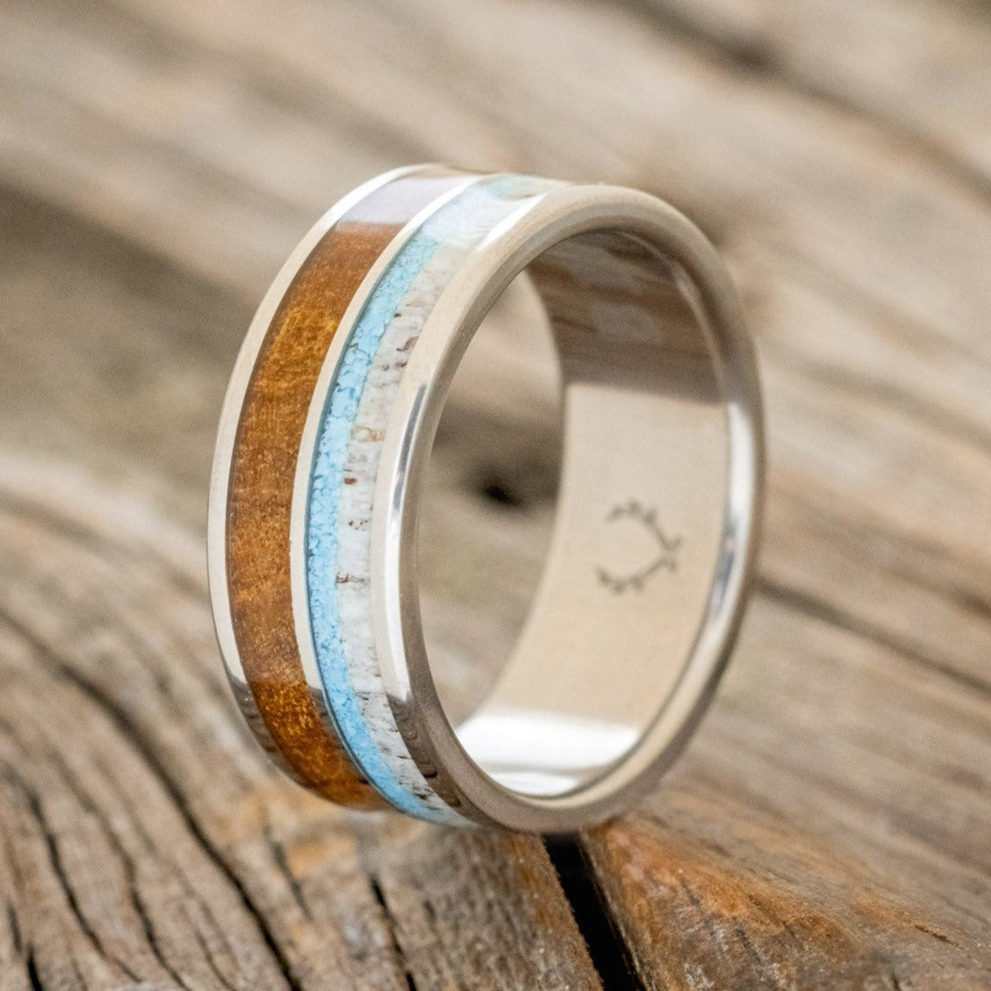 "DYAD" - IRONWOOD, ANTLER & TURQUOISE WEDDING BAND-1