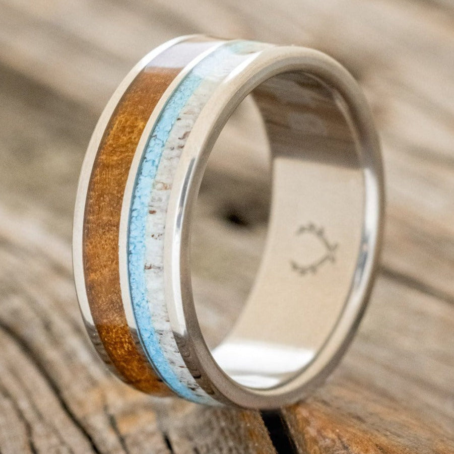 "DYAD" - IRONWOOD, ANTLER & TURQUOISE WEDDING BAND-1