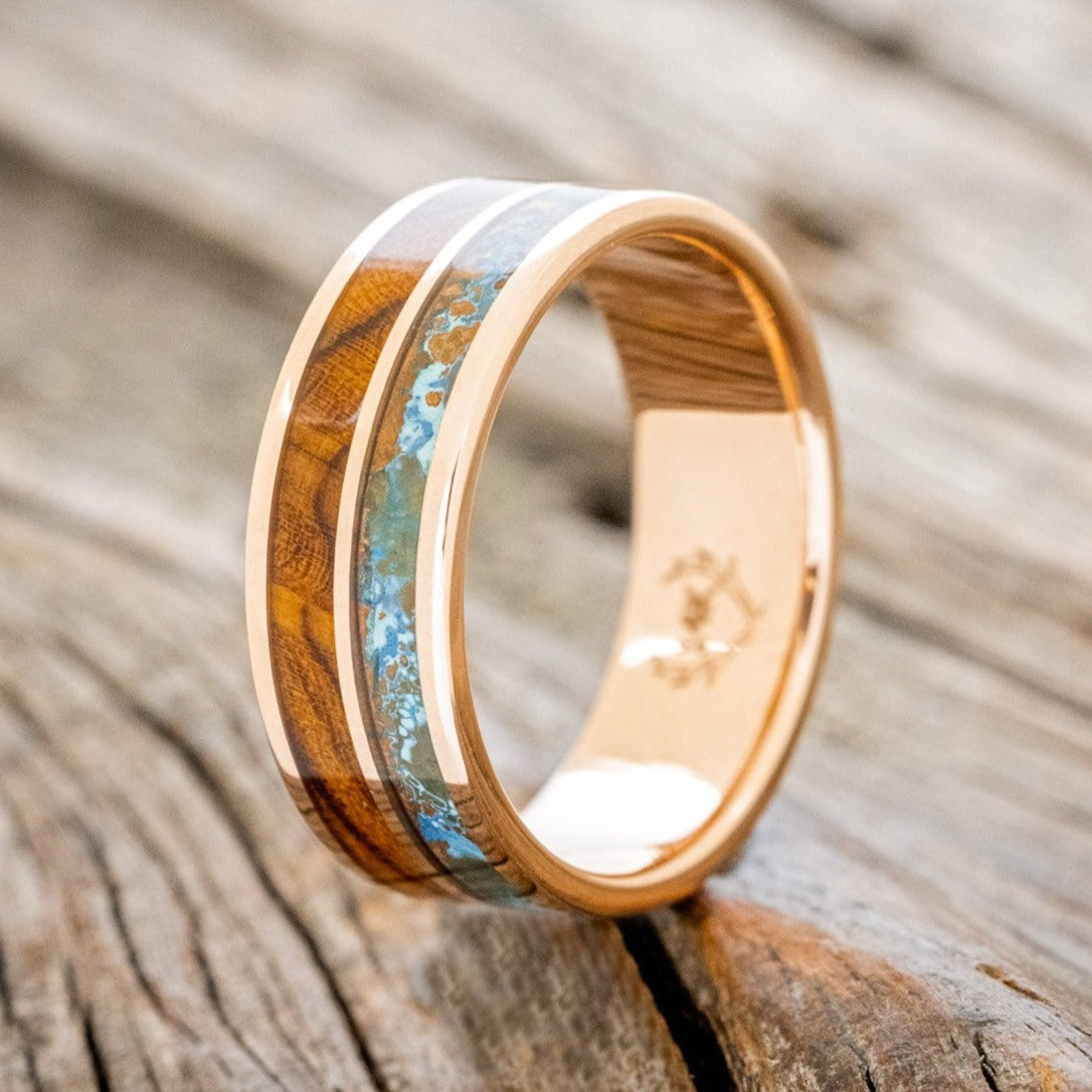 "DYAD" - IRONWOOD & PATINA COPPER WEDDING RING FEATURING A 14K GOLD BAND-1