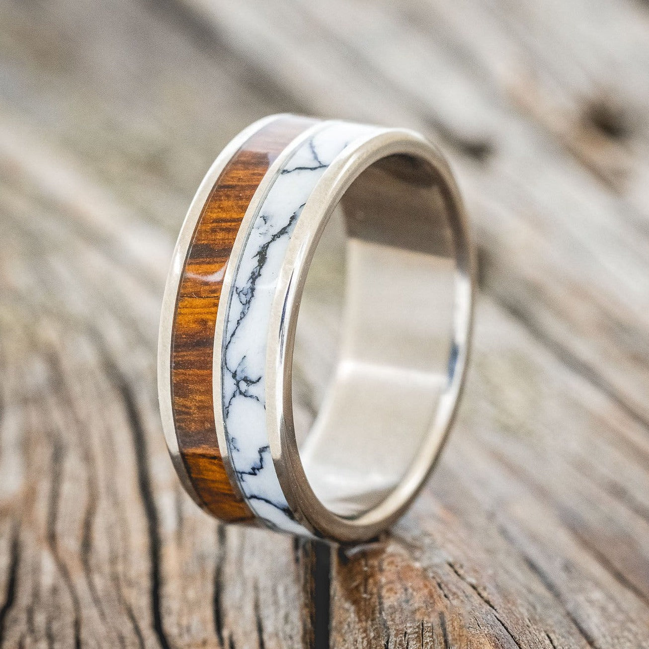 "DYAD" - IRONWOOD & WHITE TURQUOISE TRUSTONE WEDDING BAND-1