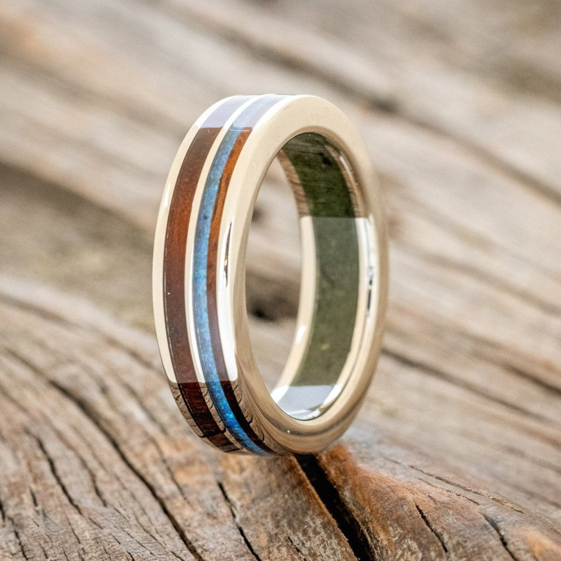 "DYAD" - KOA WOOD & BLUE OPAL WEDDING RING FEATURING A MOSS LINED BAND-1