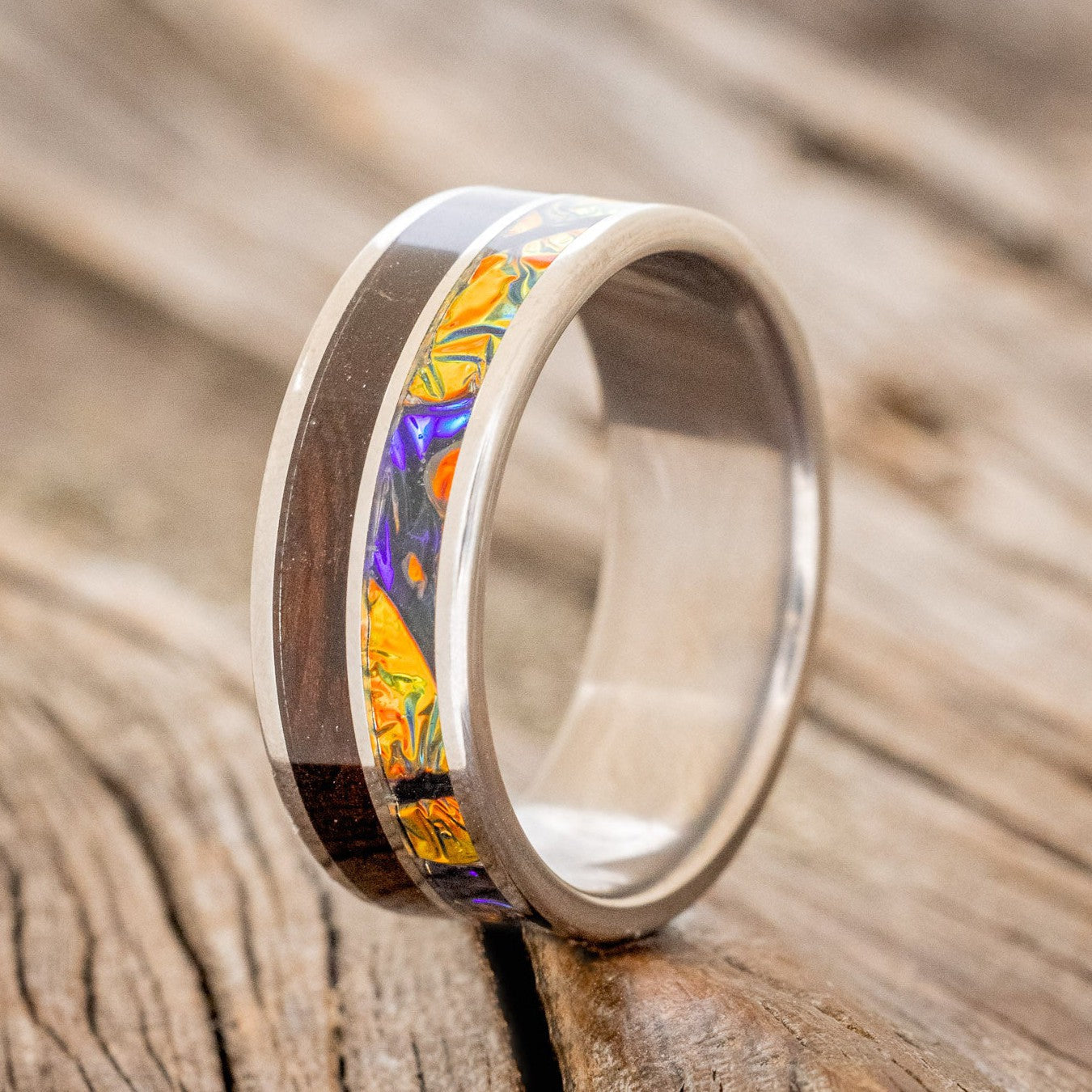"DYAD" - KOA WOOD & RED BURL DICHROLAM WEDDING BAND-1