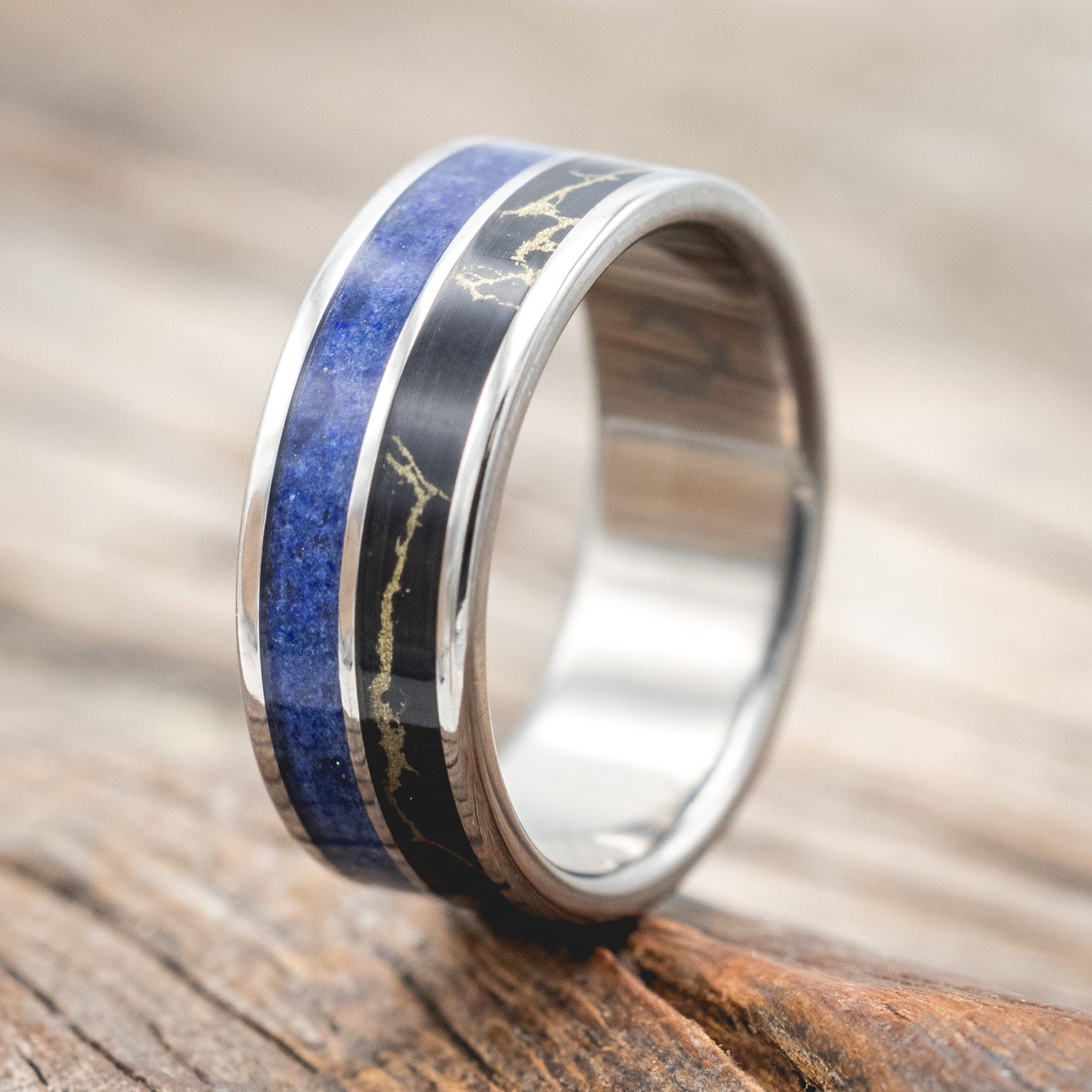 "DYAD" - LAPIS LAZULI WITH BLACK & GOLD MATRIX TRUSTONE WEDDING BAND-Staghead Designs