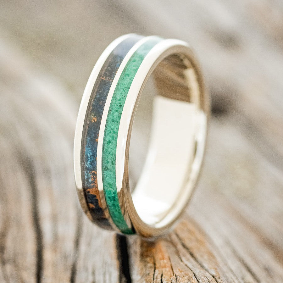 "DYAD" - MALACHITE & PATINA COPPER WEDDING RING FEATURING A 14K GOLD BAND-1