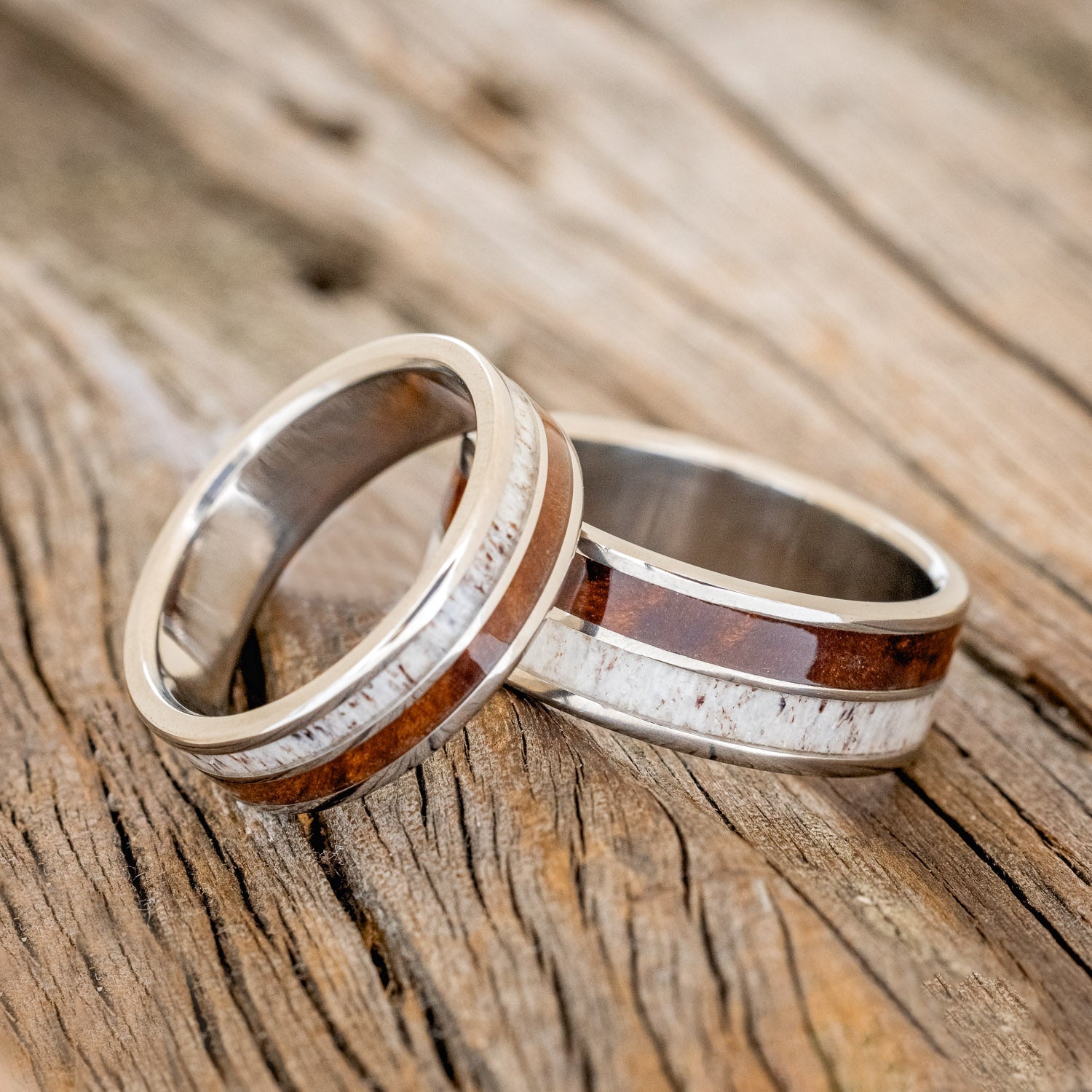 "DYAD" - MATCHING SET OF ANTLER & REDWOOD WEDDING BANDS-1