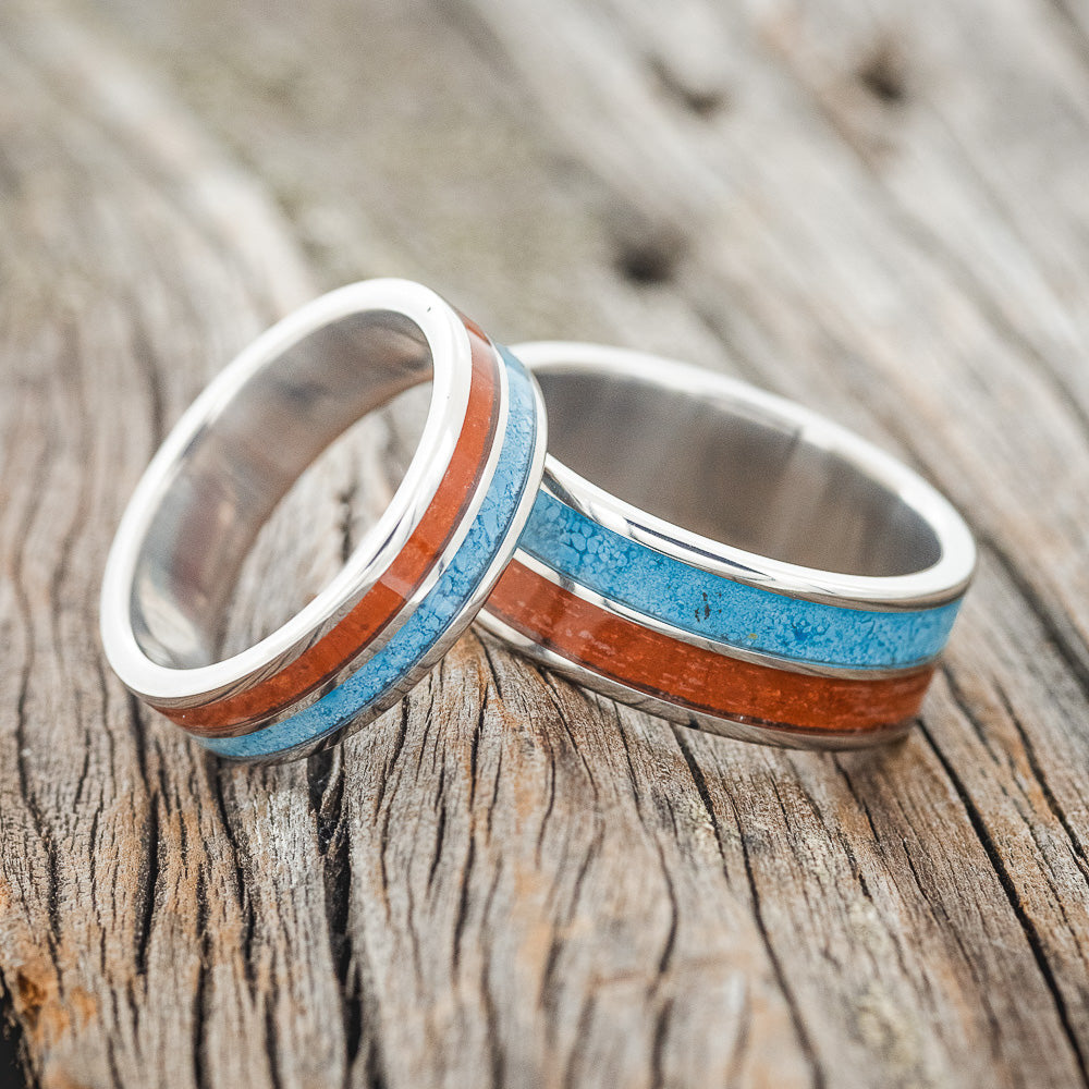 "DYAD" - MATCHING SET OF RED JASPER & TURQUOISE WEDDING BANDS-1