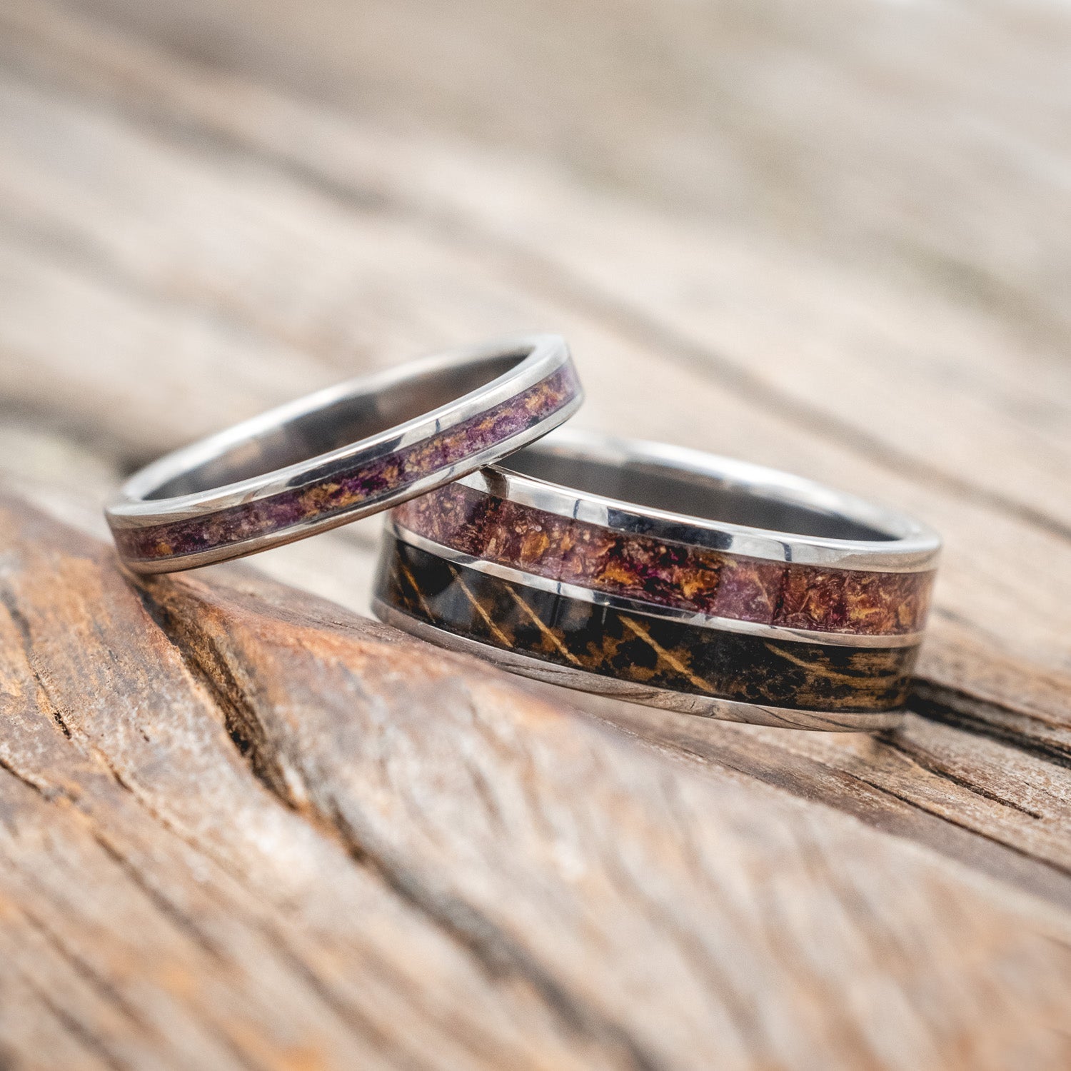 "DYAD" - MATCHING SET OF ROSE PETALS, TATTOO INK & WHISKEY BARREL OAK INLAY WEDDING BANDS-Staghead Designs