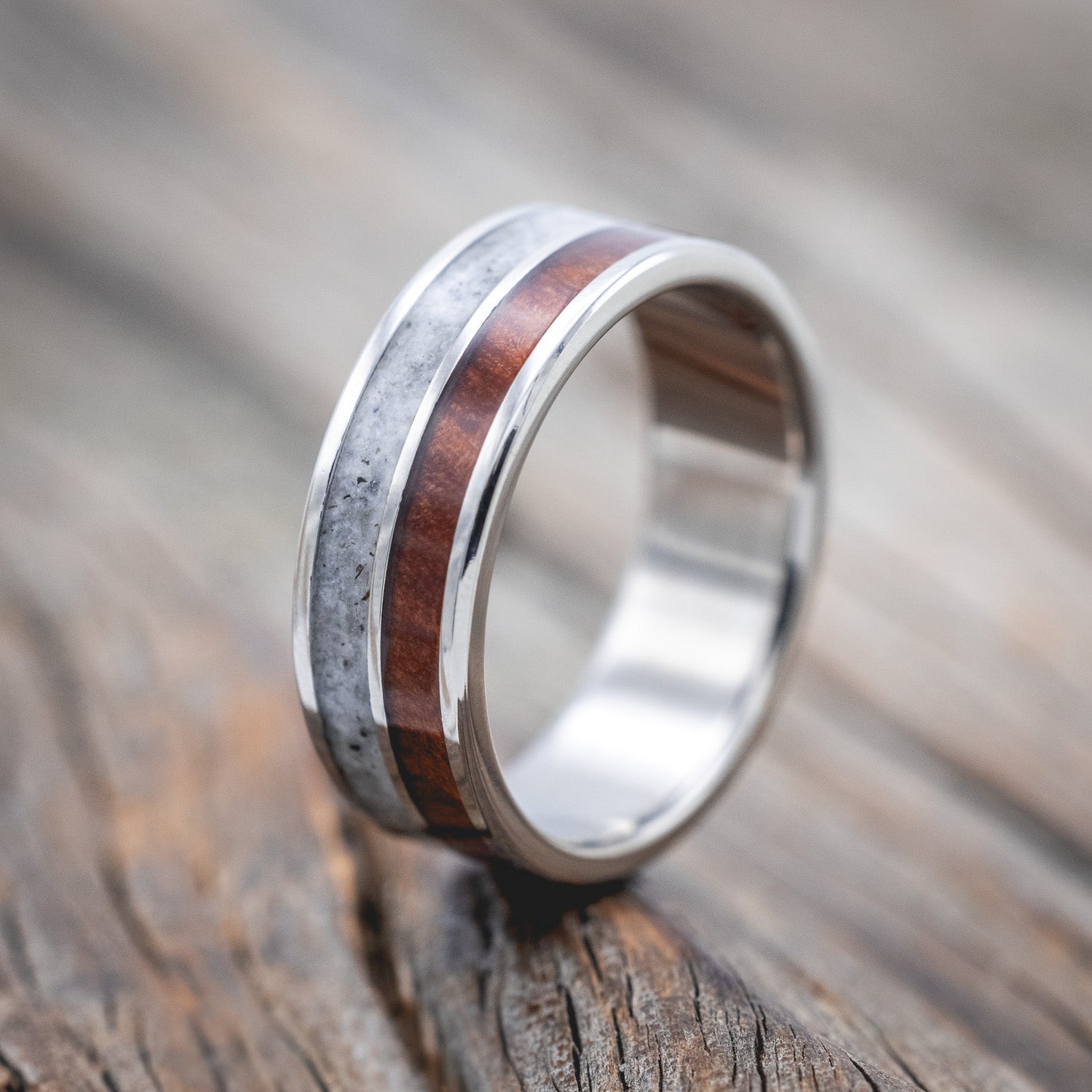 "DYAD" - MOONSTONE & REDWOOD WEDDING BAND-Staghead Designs
