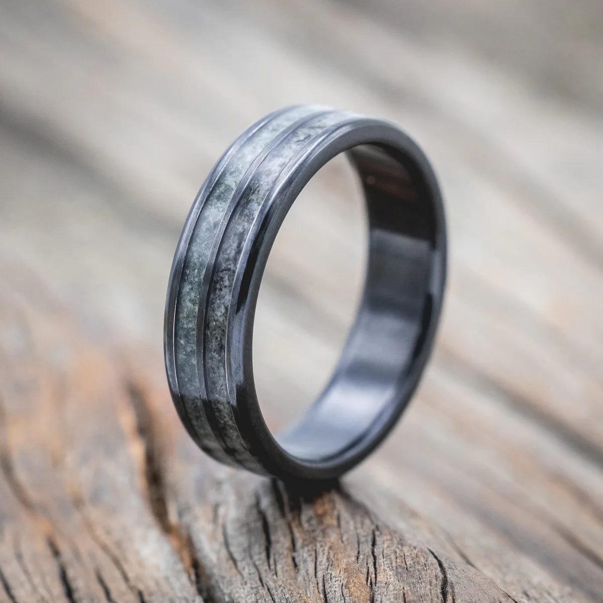 "DYAD" - MOSS AGATE & MOONSTONE WEDDING BAND - BLACK ZIRCONIUM (6MM) - SIZE 7 3/4-Staghead Designs